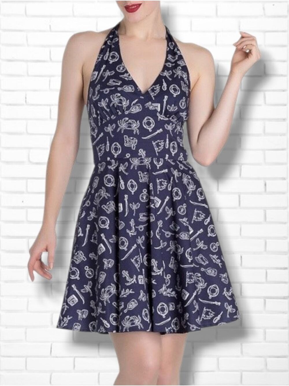 Hell Bunny Marin Sailor Navy Blue Nautical Print Halter Top Dress Size L